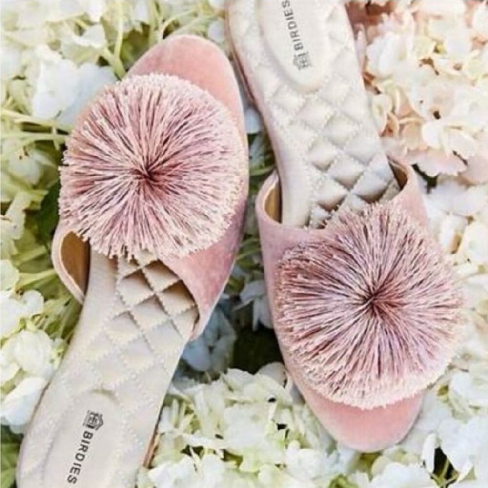 Birdies Blush Pink Velvet Pom-Pom Songbird Flat Mules | 8 GUC Bridal Spring